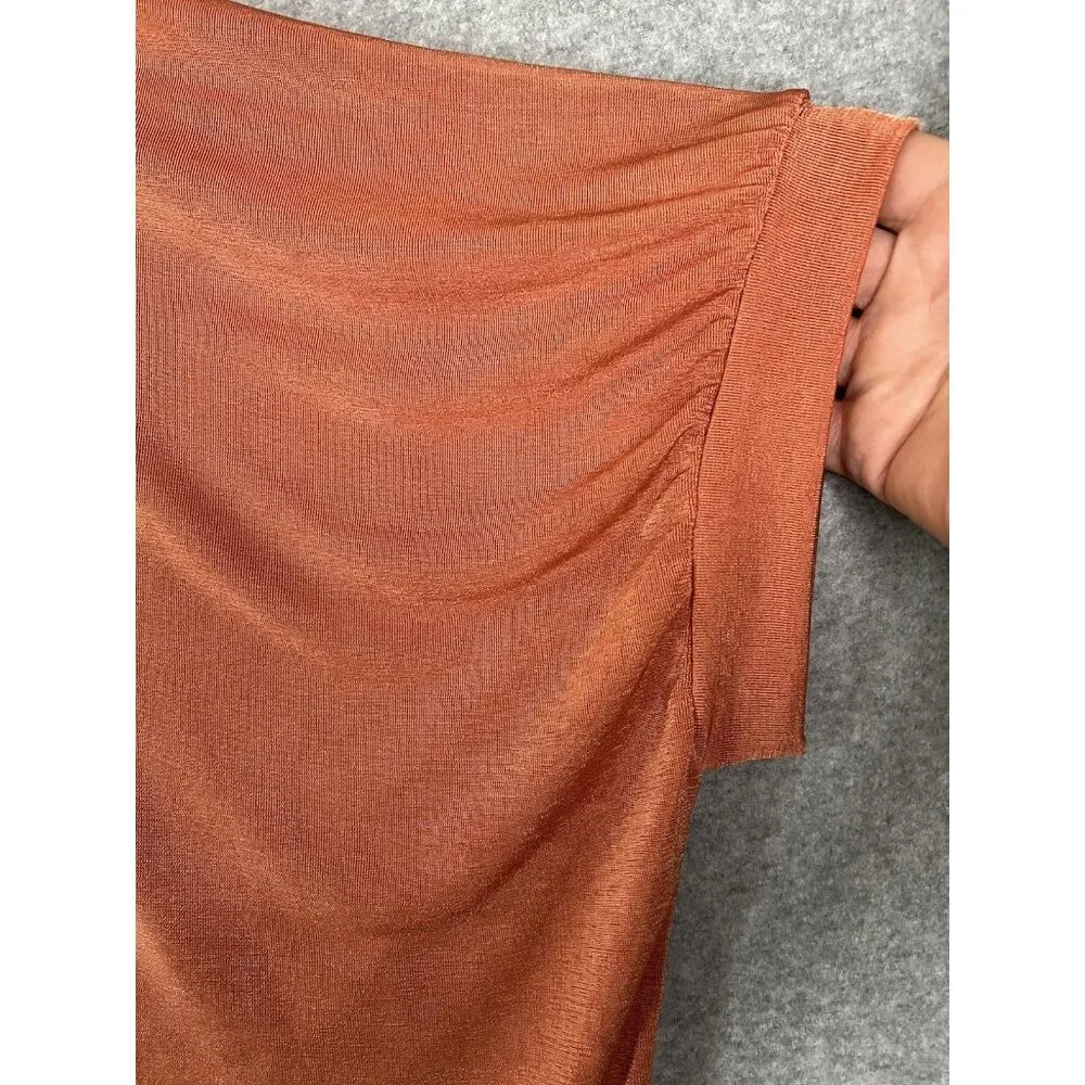Womens V-neck Orange Slinky Knit Tunic Oversized, Hi-Low Hem, Dolman Sleeves - Picture 3 of 9